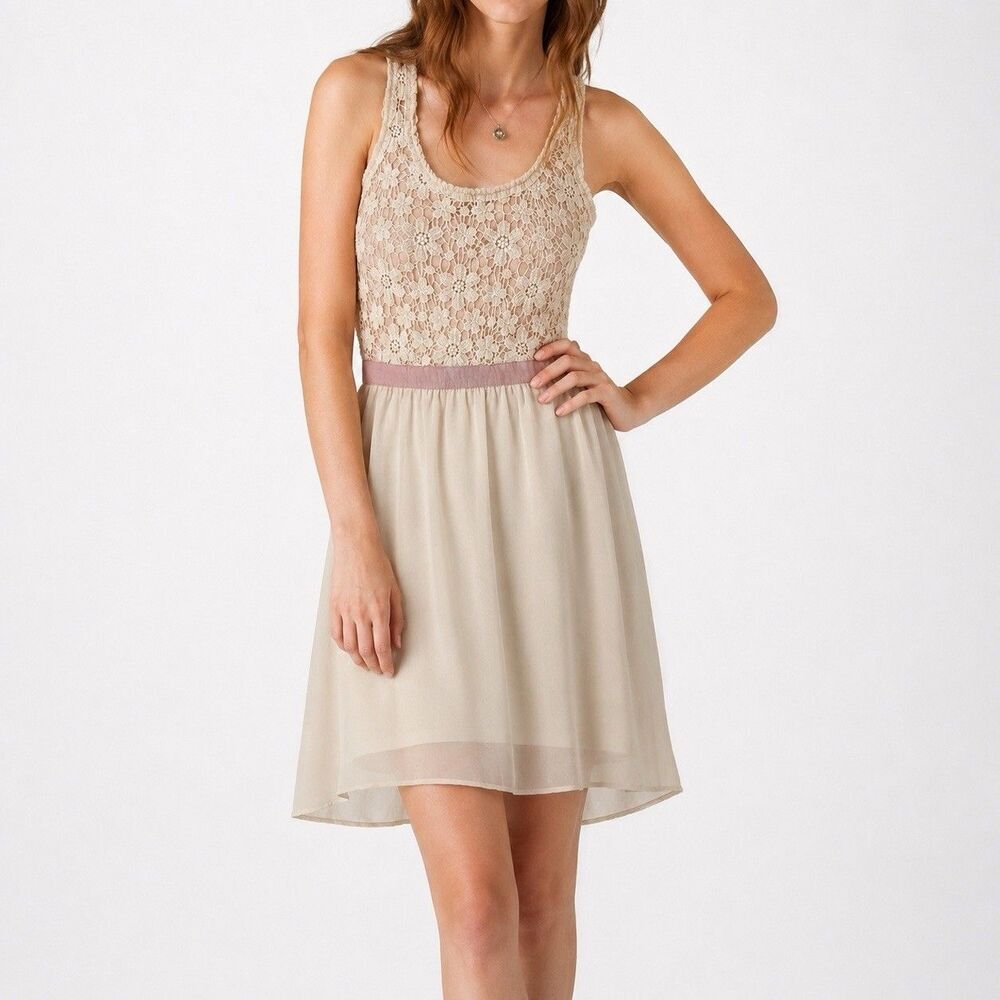 American Eagle Cream Lace Chiffon Dress Sheer Back Sleeveless Size S